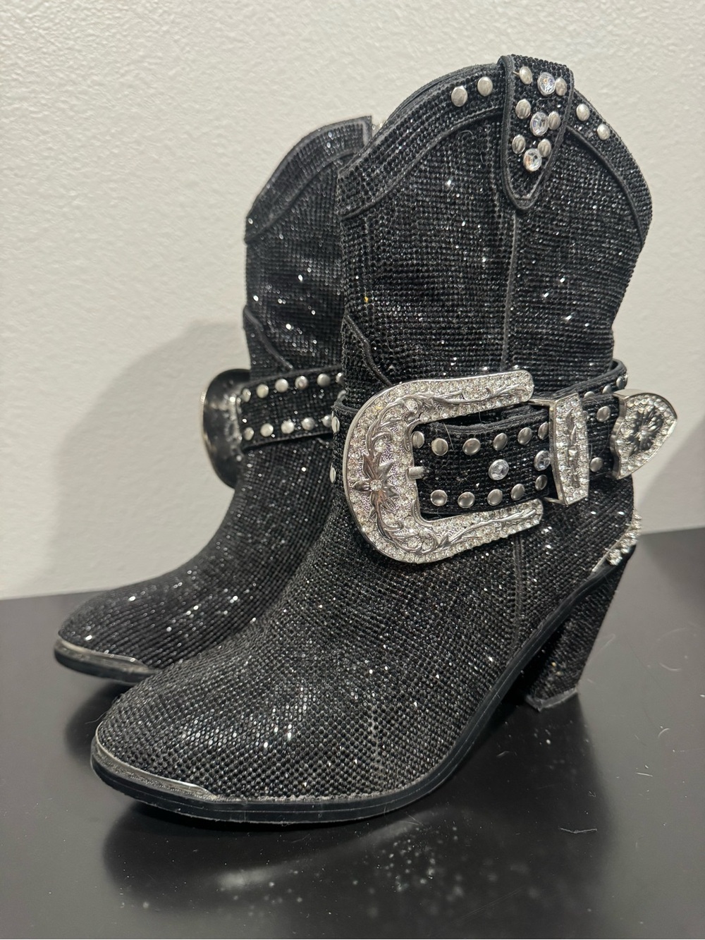 Dolls Kill Black Glitter Western Ankle Boots with Studded Buckle - Picture 3 of 10